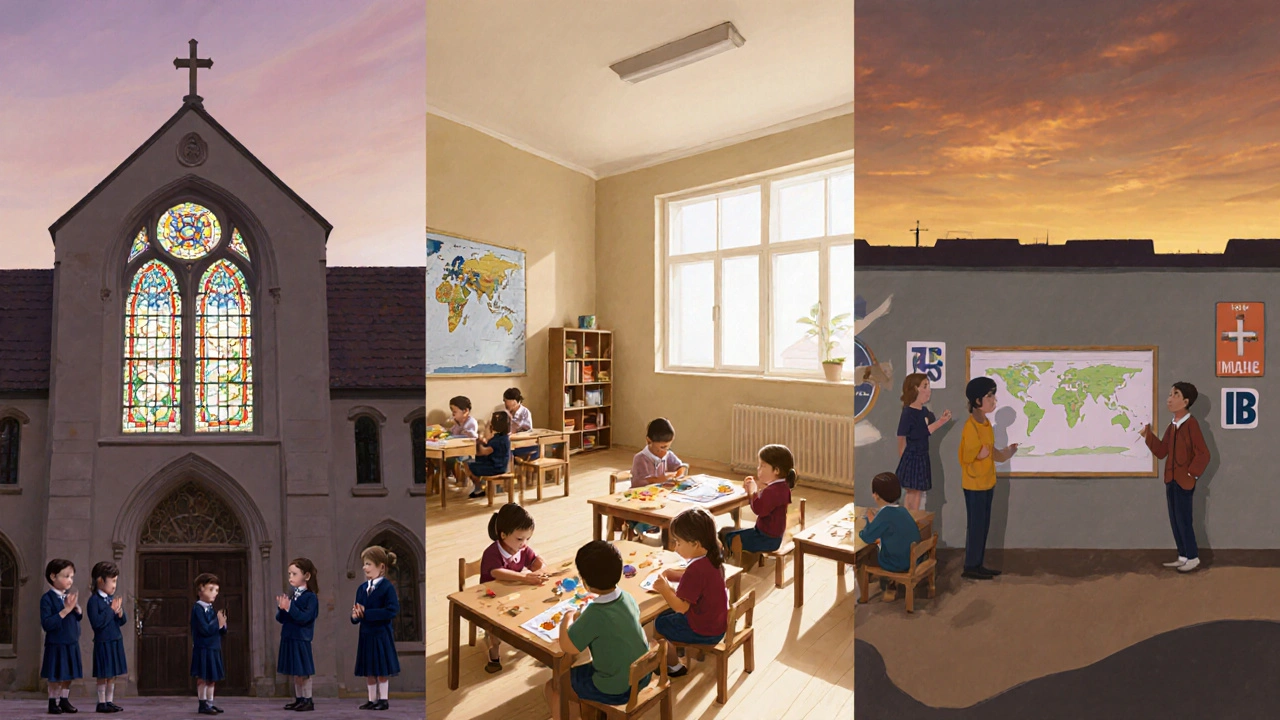 Drei verschiedene Privatschulformen: katholisch, Montessori und international, nebeneinander dargestellt.