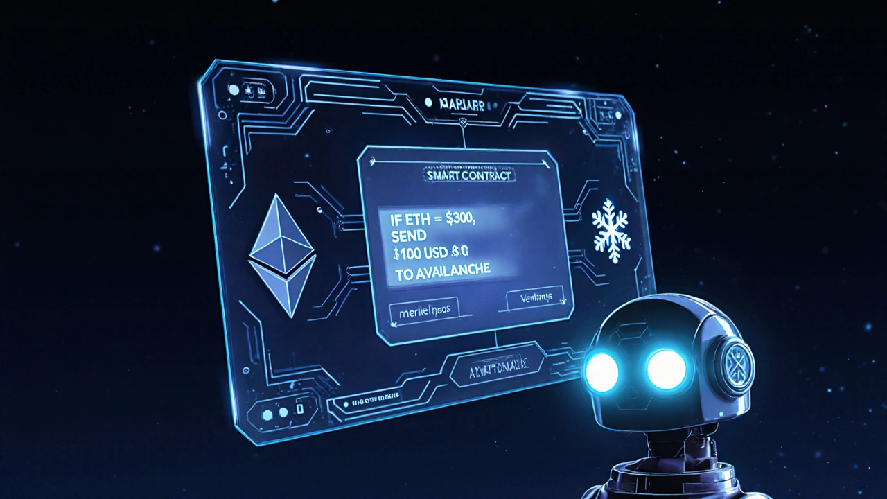 Ein intelligenter Vertrag sendet eine bedingte Nachricht: &#039;Wenn ETH über 3000 USD, sende 100 USDC an Avalanche&#039;.