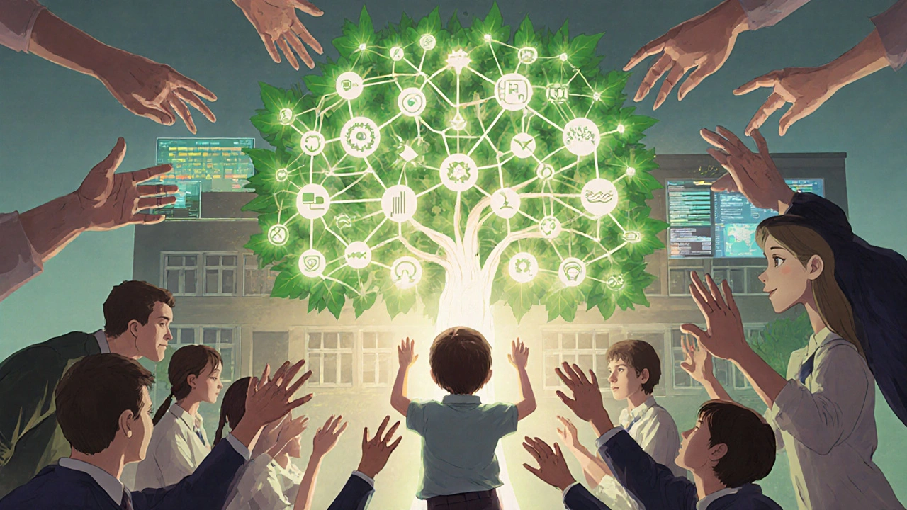 Ein Kind hält einen Baum aus SDG-Symbolen, während Schüler, Lehrer und Eltern gemeinsam daran arbeiten.