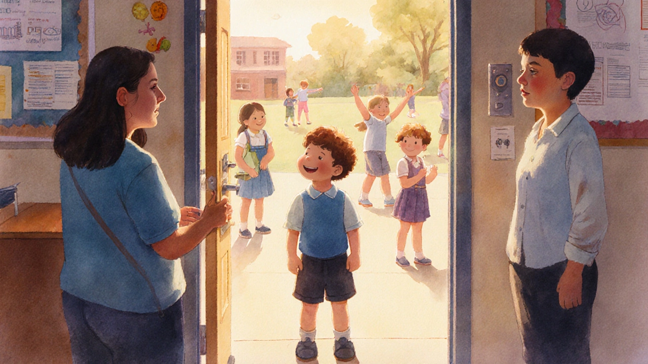 Ein Kind zögert vor der Klassentür, während die Mutter tröstend lächelt.