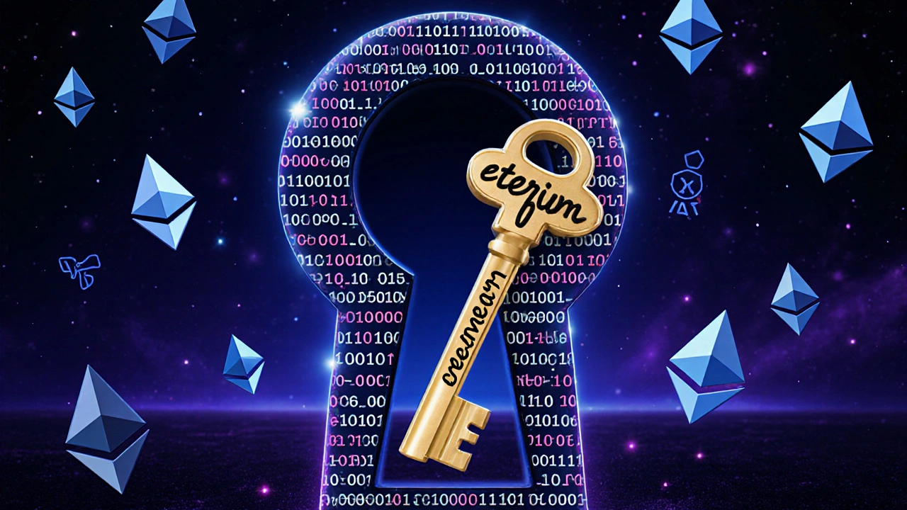 Ein Schlüsselloch aus Binärcode mit einem goldenen Schlüssel in Form einer Wiederherstellungsphrase, umgeben von digitalen Symbolen.