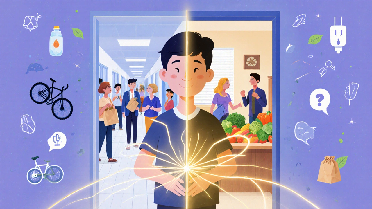 Ein Schüler verbindet Schule und Zuhause durch klimafreundliche Impulse, die Familie beeinflussen.