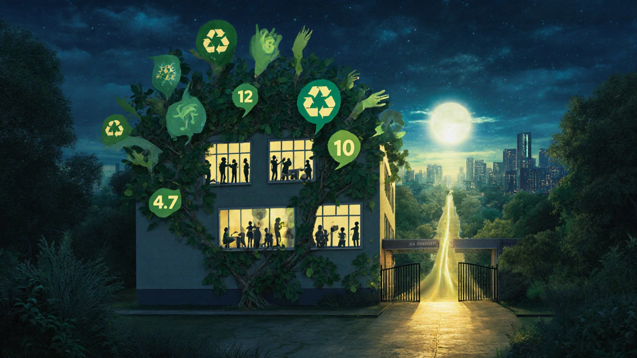 Ein Schulgebäude verwandelt sich in einen Baum aus SDG-Symbolen, während Schüler:innen in den Fenstern Projekte durchführen.