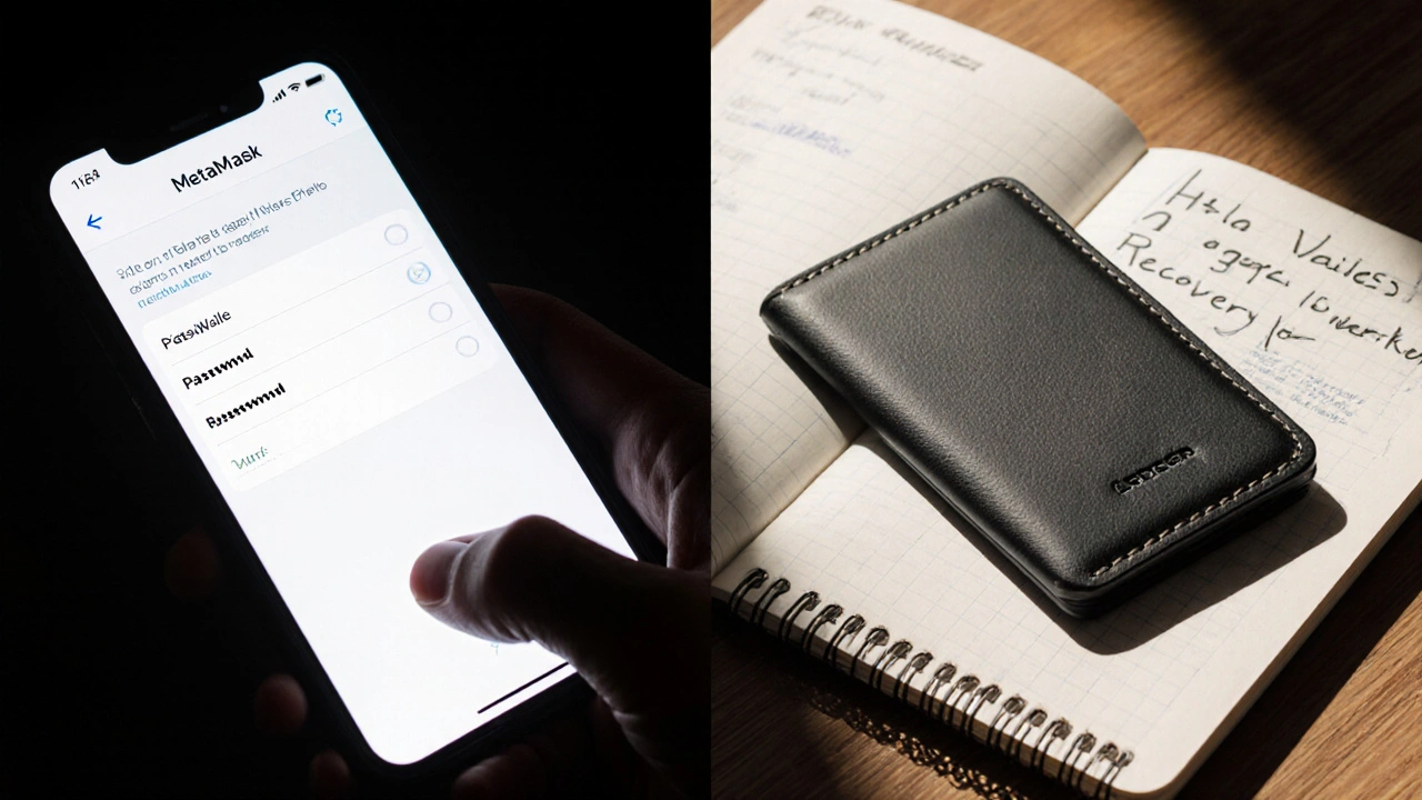 Ein Smartphone mit MetaMask und eine Hardware-Wallet neben einem Notizbuch mit handschriftlicher Wiederherstellungsphrase.