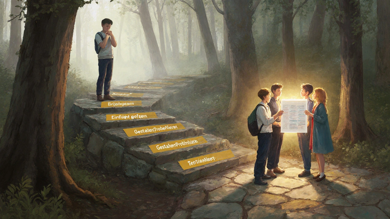 Ein Weg mit sieben Stufen führt von Verständnis zu Problemlösung, symbolisiert die Entwicklung von Kompetenzen in der Bildung.