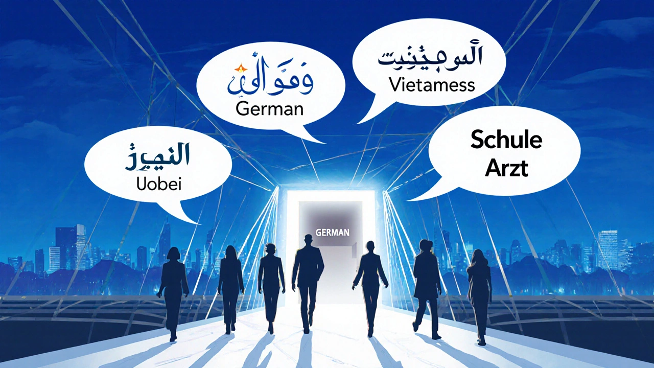 Eine Brücke aus mehrsprachigen Sprachblasen führt zu einer Tür mit Symbolen für Arbeit, Schule und Arztbesuch.