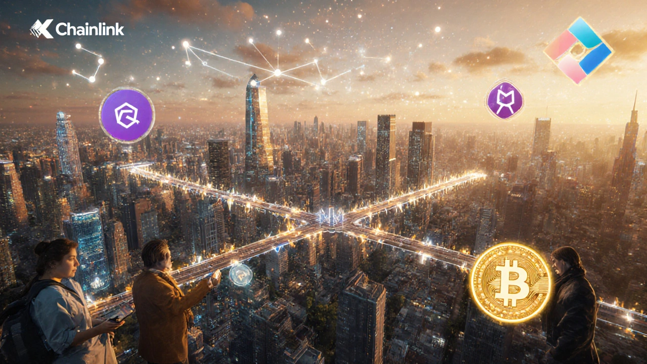 Eine digitale Stadt mit Blockchain-Gebäuden, die durch Nachrichtenbrücken verbunden sind, während Nutzer NFTs überall nutzen.