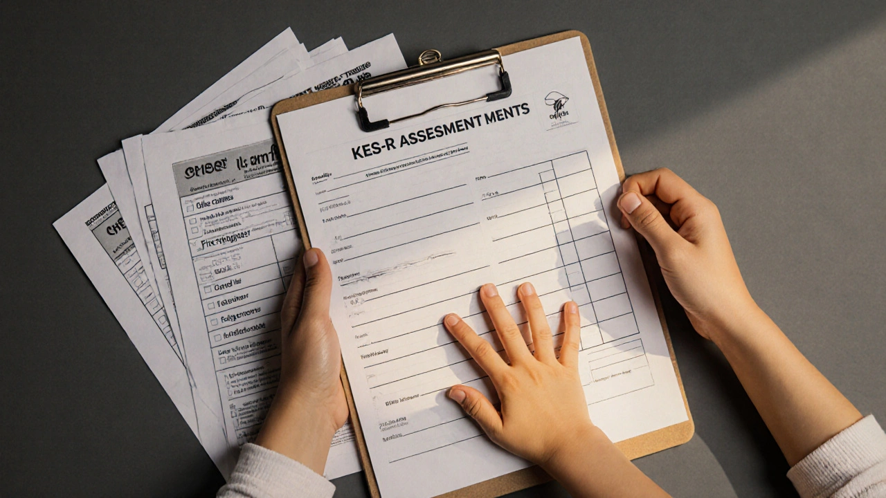 Eine Erzieherin hält einen Prüfzettel, während ein Kind ihre Hand berührt.