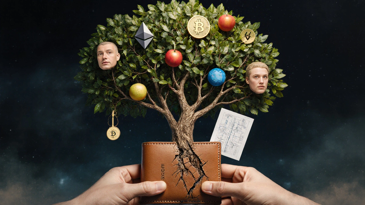 Eine lebende Wallet-Baumstruktur mit biometrischen Blättern und Blockchain-Ästen, die Sicherheit und Verbindung symbolisiert.