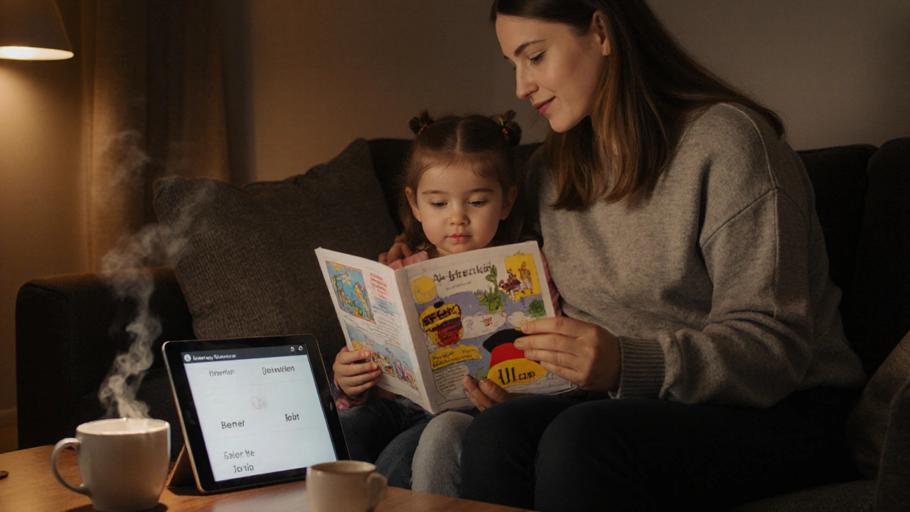Eine Mutter und ihre Tochter lesen gemeinsam ein deutschsprachiges Kinderbuch auf dem Sofa, ein Lerntablet auf dem Tisch.