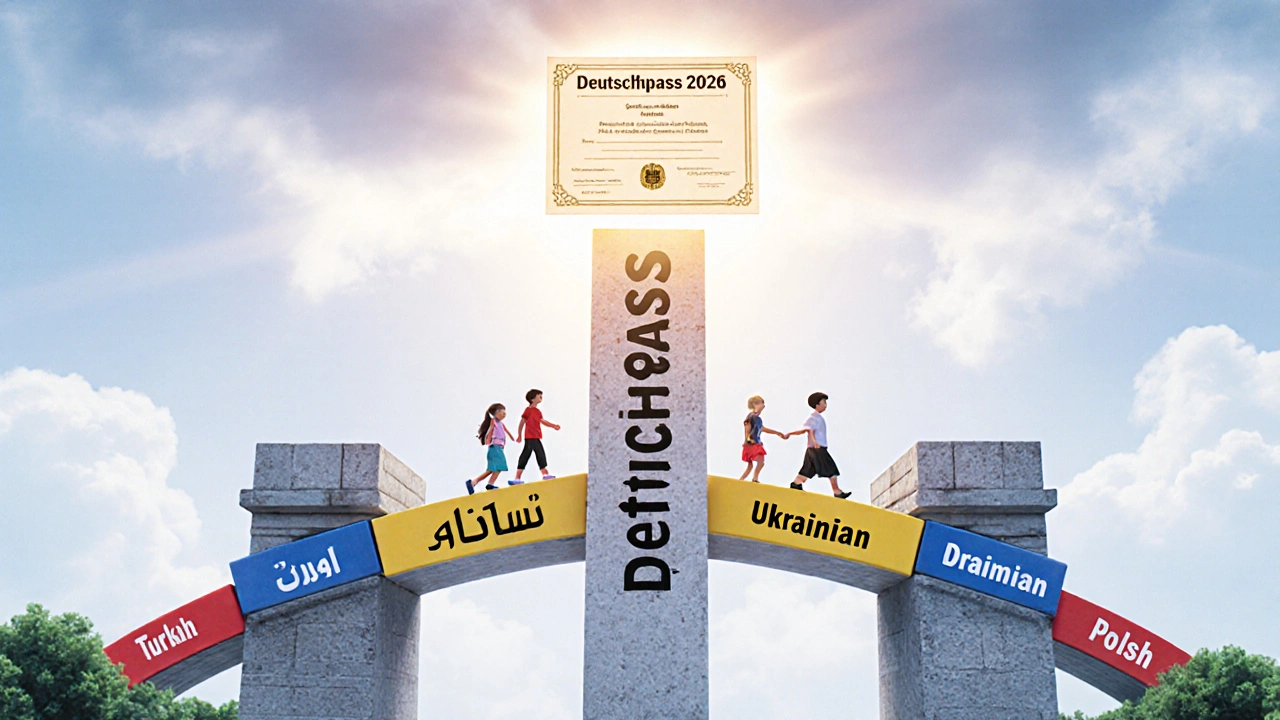 Eine symbolische Brücke aus mehrsprachigen Blöcken führt zum Deutschpass als Tor zur Integration.