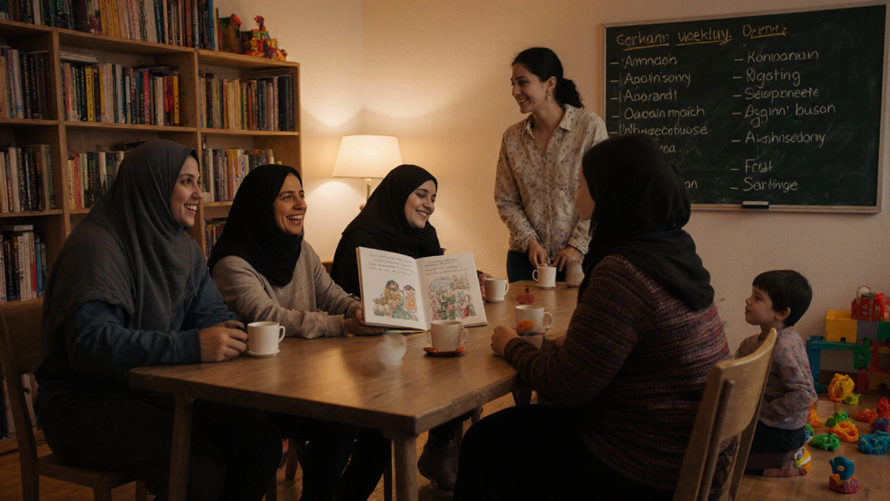 Eltern aus unterschiedlichen Ländern lesen gemeinsam mit ihren Kindern ein Buch in mehreren Sprachen im Elterncafé.