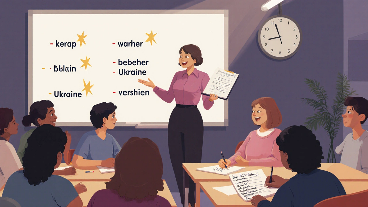 Erwachsene in einem Integrationskurs nehmen aktiv am Deutschunterricht teil und notieren sich Vokabeln.