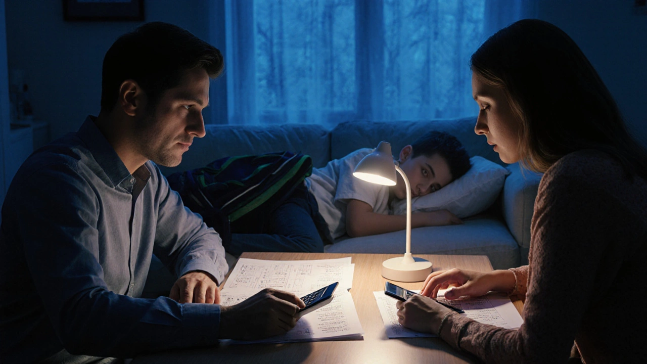 Familie am Küchentisch, die sich über Schulgeldkosten berät, Kind schläft auf der Couch.