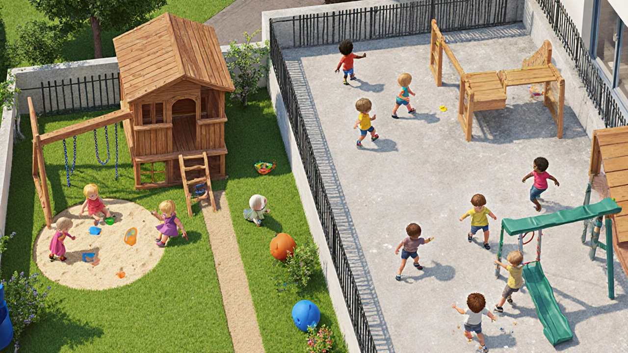 Gegensatz zwischen einem großen, sicheren Garten und einem überfüllten, betonierten Spielplatz.