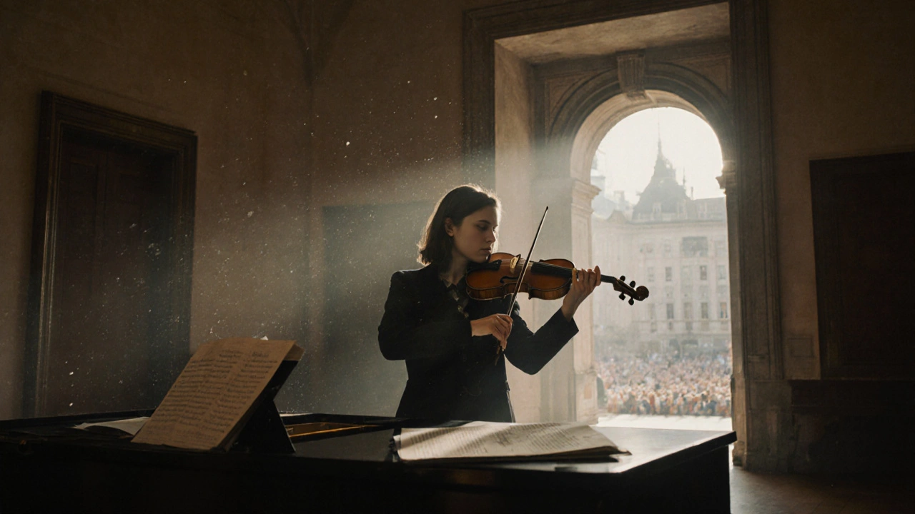 Geigerin spielt allein in einem historischen Raum des Mozarteums Salzburg, beleuchtet von einem einzelnen Licht.