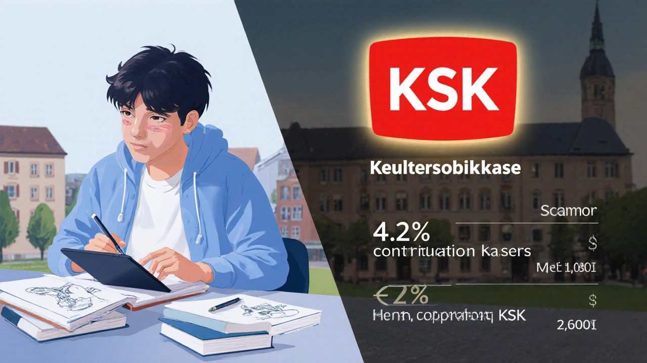 Grafikdesigner-Studierende mit Künstlersozialkasse-Logo und Beitragsgliederung.