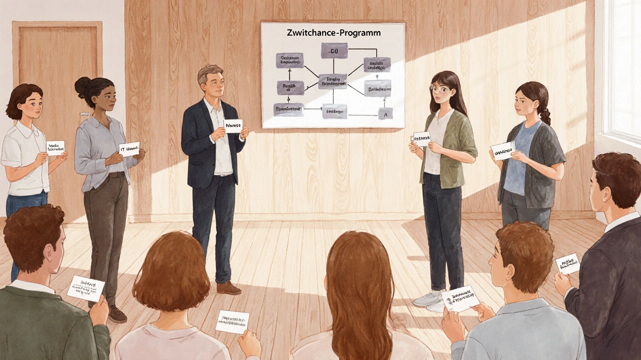 Gruppe von Menschen in Rehabilitationszentrum mit Berufskarten und Psychologe.