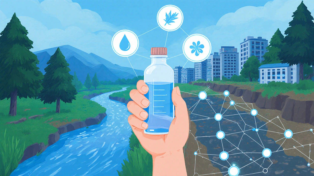 Hand mit Wasserprobe und symbolischen Umweltindikatoren über einer geteilten Landschaft.