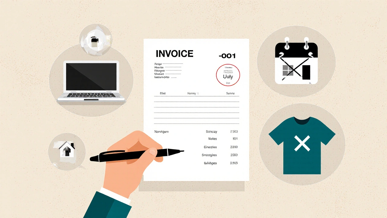 Hand schreibt Rechnungsnummer, umgeben von Symbolen für Steuer und Ausgaben.