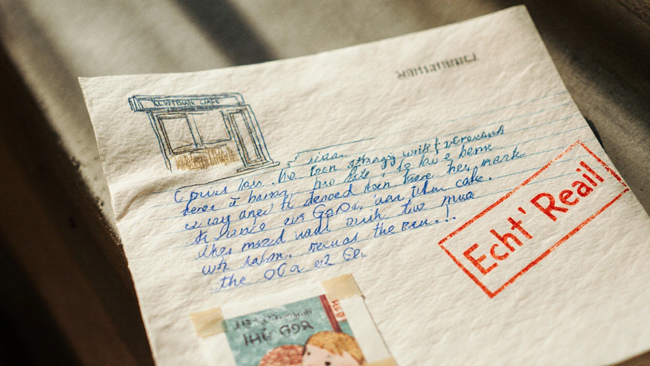 Handgeschriebenes Motivationsschreiben mit persönlichen Notizen, Skizzen und einem roten Stempel &#039;Echt&#039;.