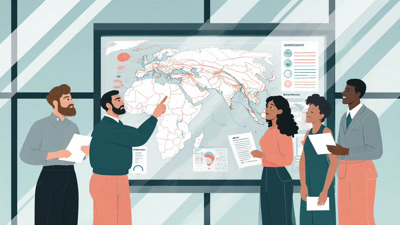 Interdisziplinäres Forscherteam an einem interaktiven Bildschirm mit europäischen Migrationsdaten.