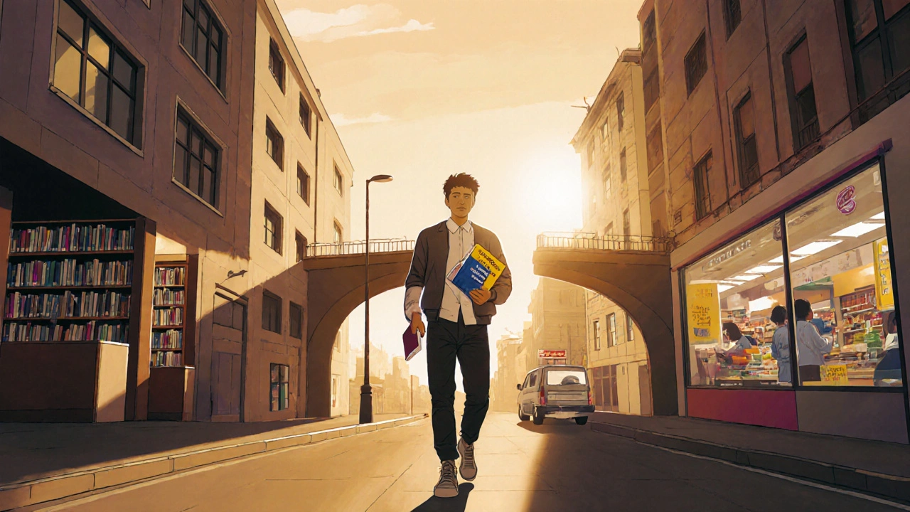 Internationaler Student mit Englisch- und Deutschbüchern, verbindet akademisches und alltägliches Leben in Deutschland.