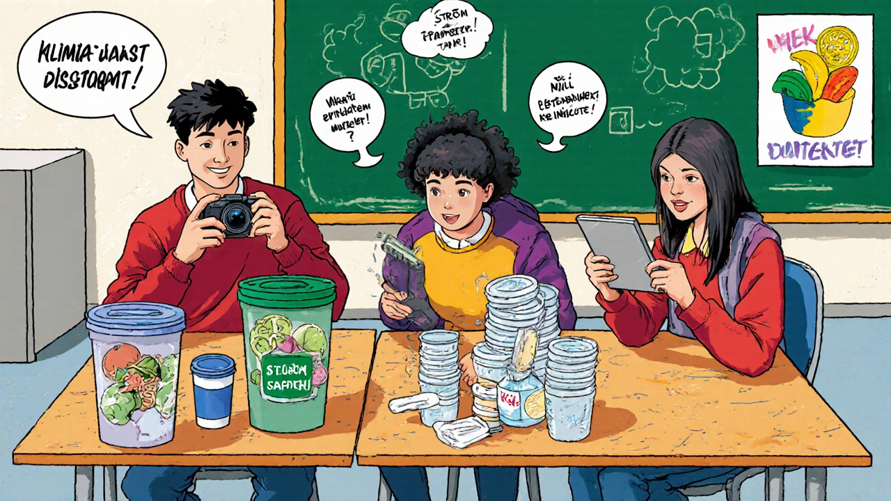 Jugendliche als Klimadedektive untersuchen Müll in der Schulcafeteria und dokumentieren Ergebnisse.