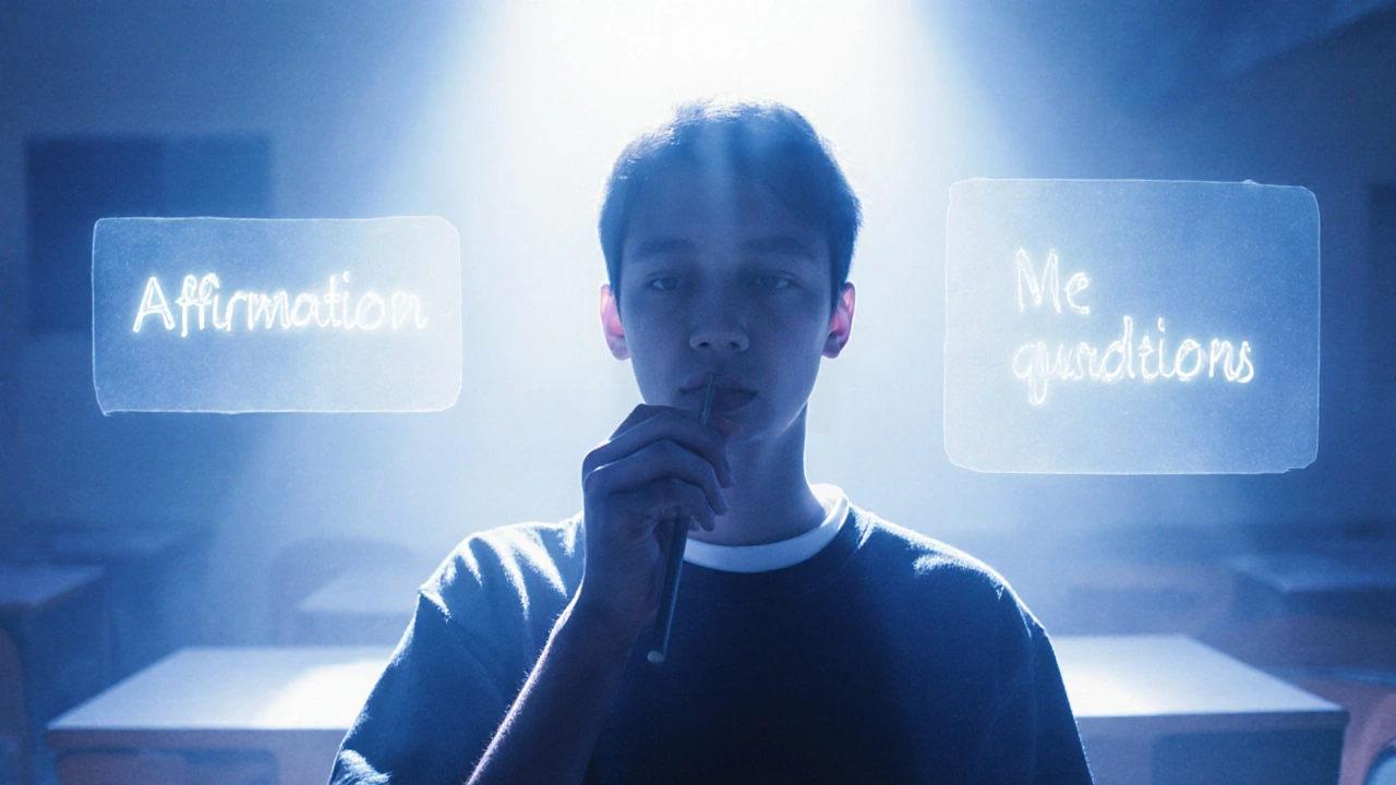 Junge Person in Prüfungsraum, atmet bewusst, um sich mental zu stabilisieren.