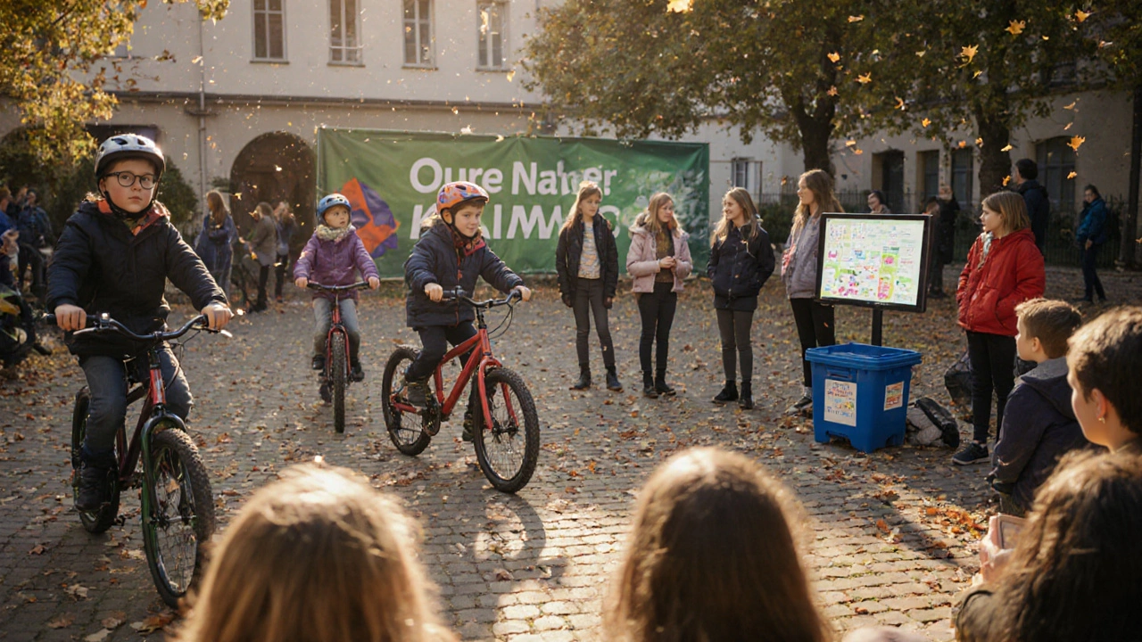 Kinder fahren Fahrrad und sortieren Müll auf dem Schulhof, während sie ihre Klimaprojekte präsentieren.