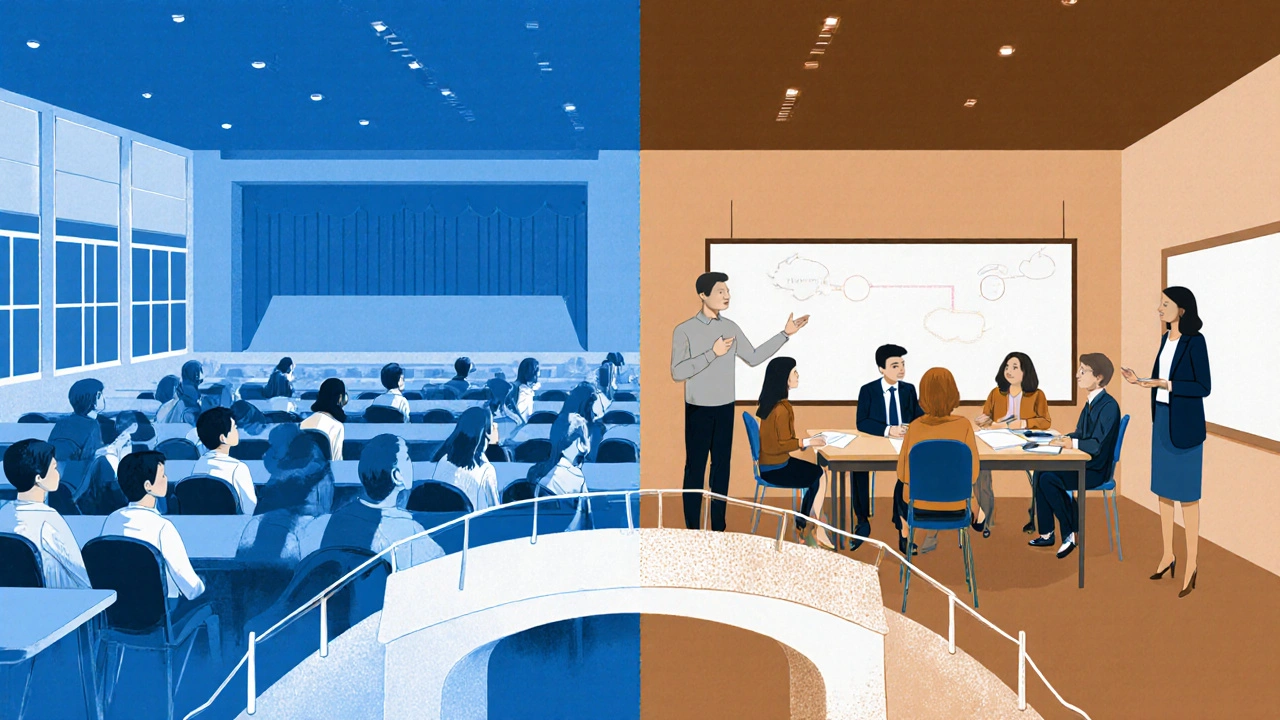 Kontrast zwischen großen Universitätsvorlesungen und persönlichen PH-Seminaren bei der Lehrerausbildung in Österreich.