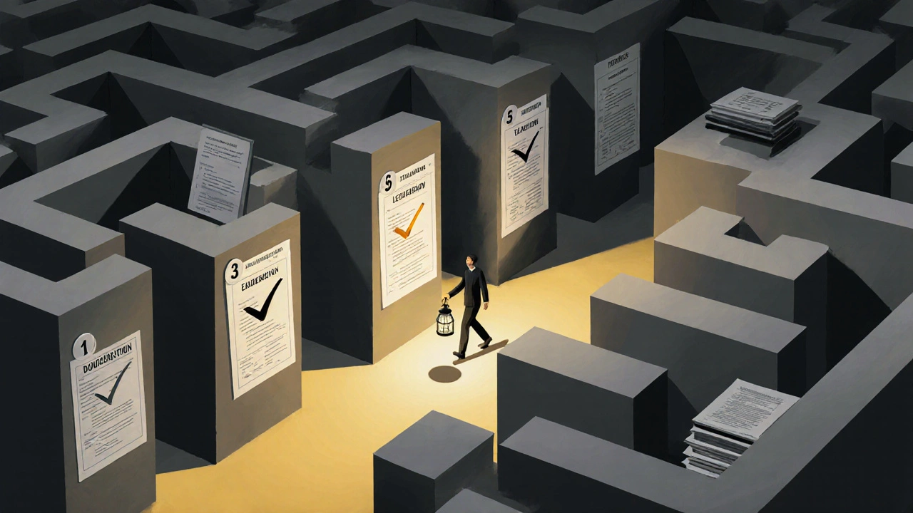 Labyrinth mit sechs Prüfstationen für Tenure-Track, eine Person sucht den Weg mit Dokumentation als Lichtquelle.