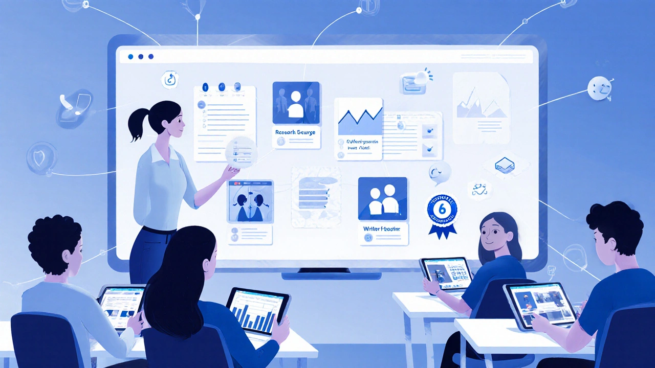 Lehrer zeigt digitale Lernportfolios an einer interaktiven Tafel, Schüler verfolgen ihren Kompetenzfortschritt auf Tablets.