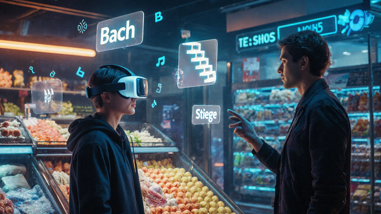 Lernender mit AR-Brille in einem virtuellen österreichischen Supermarkt, phonetische Laute schweben über Wörtern.
