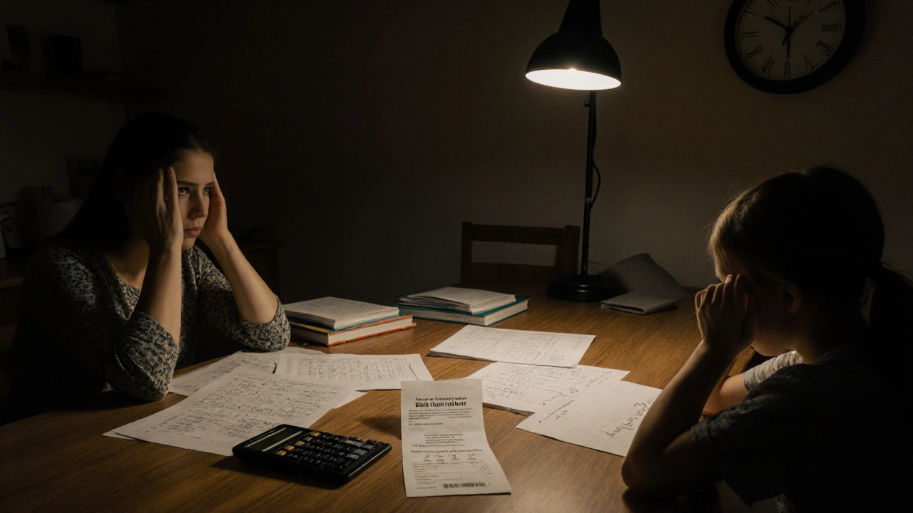 Mutter und Kind am Küchentisch mit Therapieunterlagen und Rechnung.