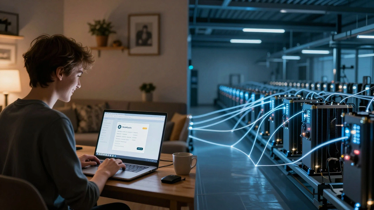 Person mit Laptop in Wohnzimmer, verbunden mit Mining-Farm in Georgien