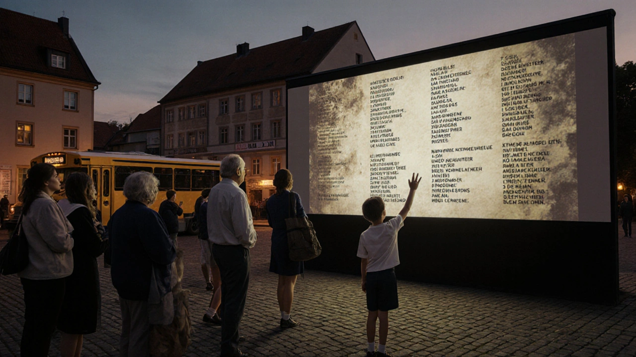 Publikum beobachtet eine digitale Rekonstruktion eines jüdischen Friedhofs in einem deutschen Dorfplatz.