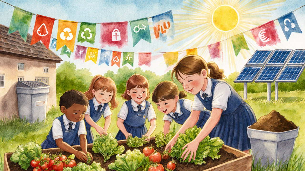 Schüler:innen pflegen einen Schulgarten mit Gemüse, Kompost und Solaranlagen im Hintergrund.