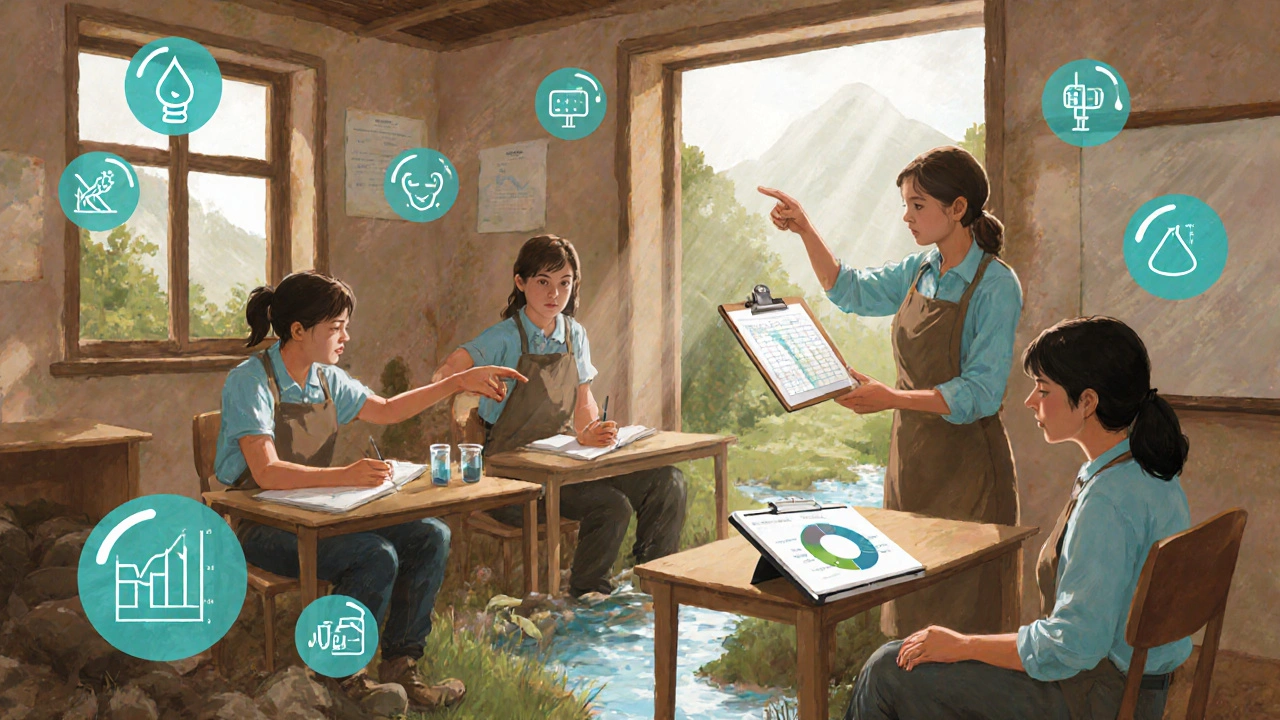 Schüler sammeln Wasserproben in einem Bach und dokumentieren Messwerte mit Notizbüchern.