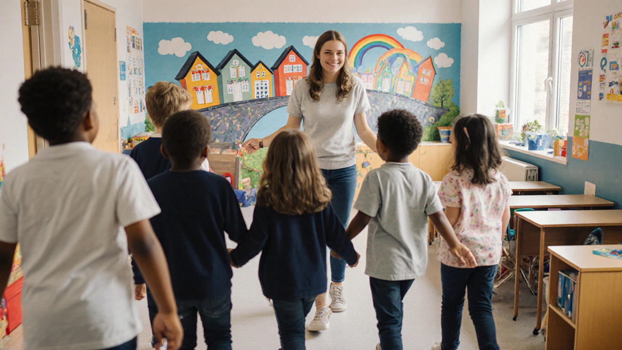 Schüler verschiedener Herkunft gehen gemeinsam durch einen Schulflur, unterstützt von einer Lehrerin ohne Aussonderung.