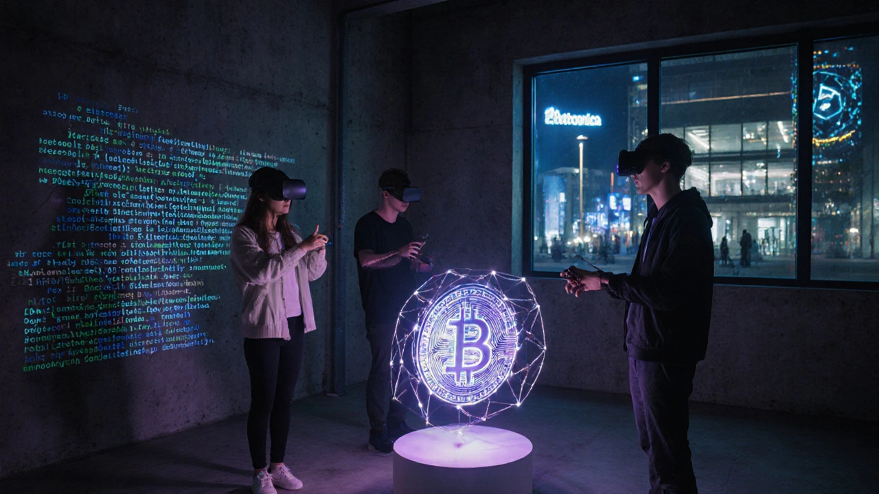 Studierende in Linz arbeiten mit VR-Brillen an digitalen NFT-Kunstwerken in einem futuristischen Labor.