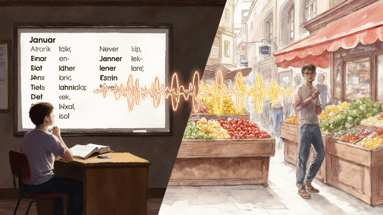 Vergleich zwischen standarddeutschen Lehrbüchern und echtem österreichischem Sprachgebrauch im Supermarkt.