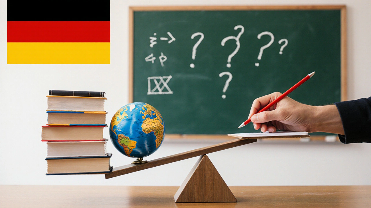 Waage mit bundesweiten Prüfungsstandards auf einer Seite und individueller Lehrerarbeit auf der anderen — im Gleichgewicht.