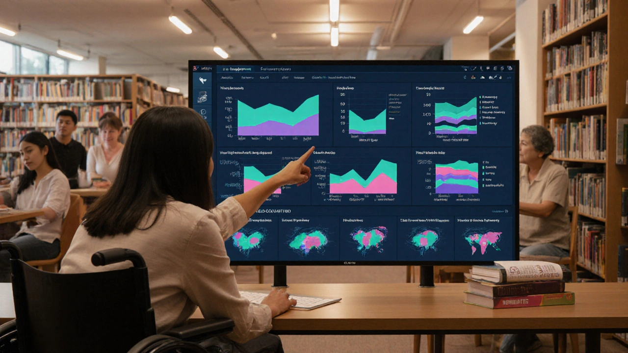 Woman with disability interacting with a multi-dimensional equity dashboard in a quiet library.
