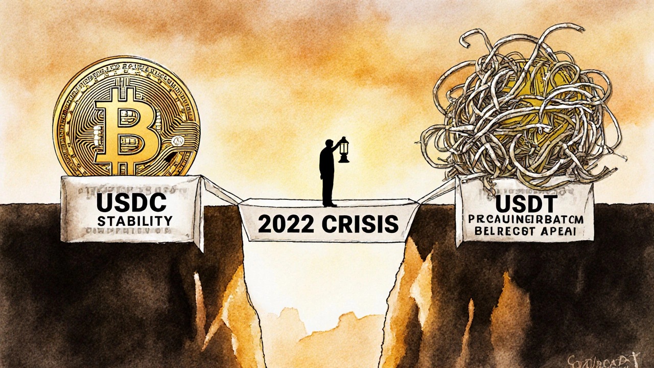 Zerbrechliche Papierbrücke zwischen USDC und USDT, eine Figur zögert auf der Mitte, goldenes Licht wirft Schatten.