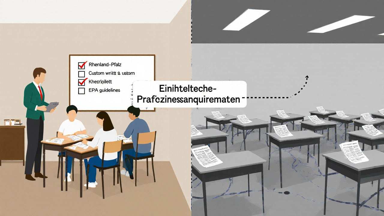 Zwei kontrastierende Prüfungsszenen: individuelle Aufgaben vs. zentrale Prüfungen, verbunden durch bundesweite Standards.