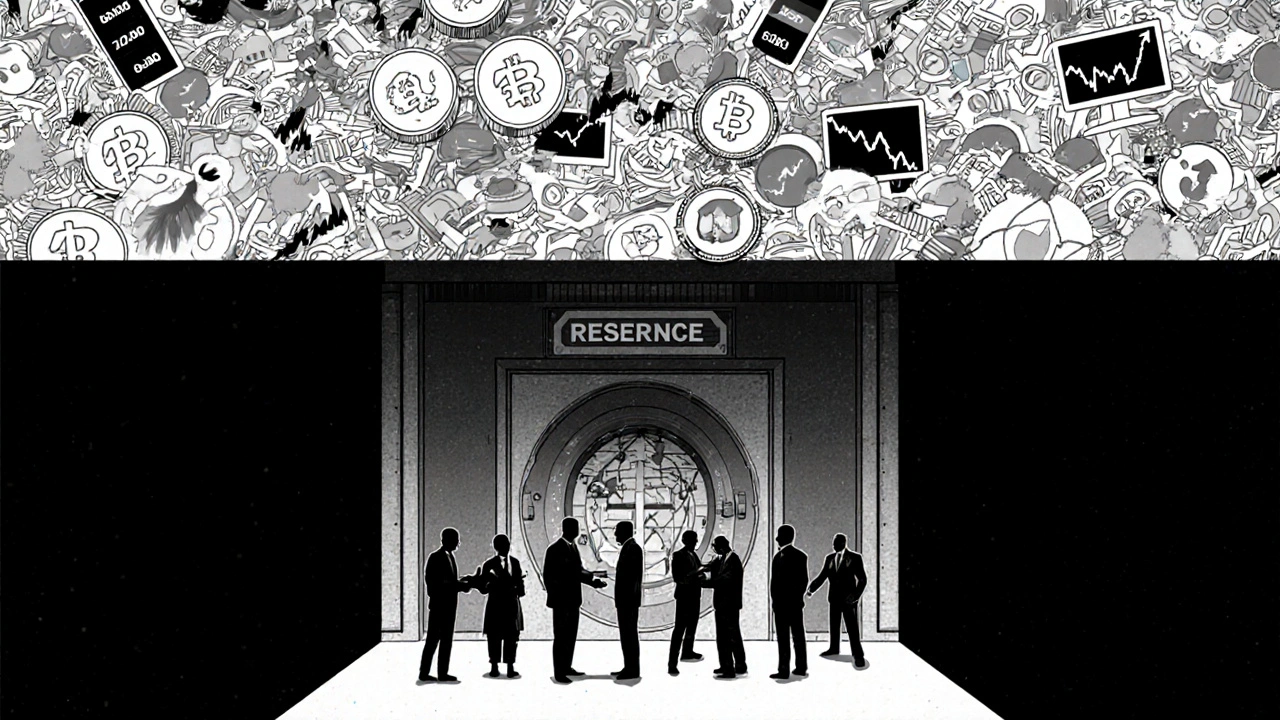 Zweischichtiger Markt: Oben chaotischer Handel, unten sechs Figuren vor einem Tresor mit illiquiden Vermögenswerten.