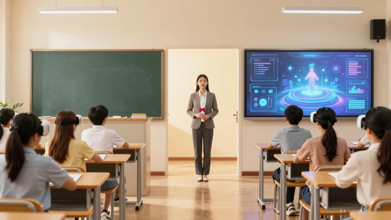 Absolventin steht an der Schwelle zwischen traditionellem und digitalem Klassenzimmer.