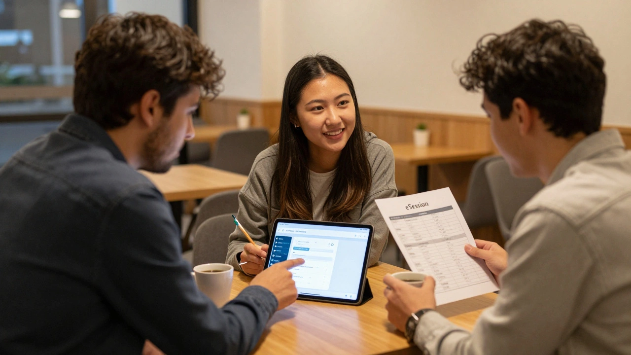 Drei Lehrkräfte tauschen sich über digitale Unterrichtsmethoden beim Kaffee aus.