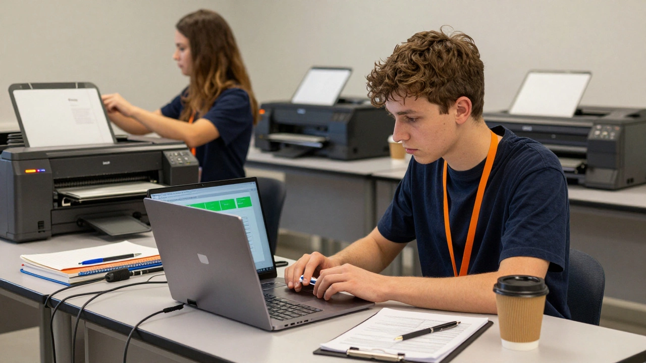 Ein Lehrling arbeitet an einem Laptop mit EDUVIDUAL und stellt gleichzeitig einen Drucker ein, im Hintergrund Werkstattgeräte.